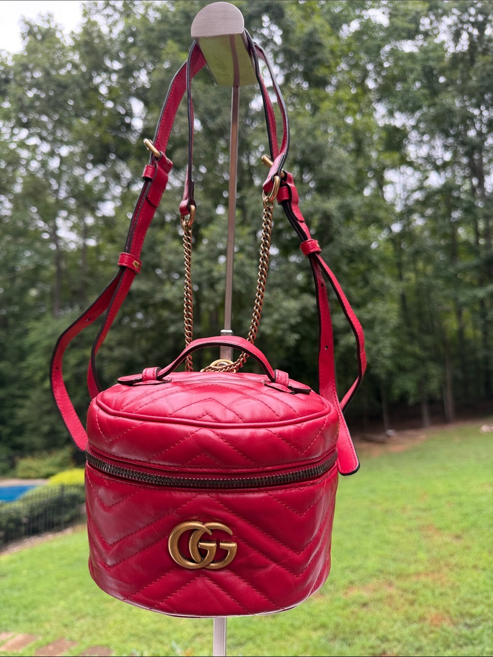 Gucci (Authenticated by Posh) Red Quilted GG Round Crossbody Backpack GUC